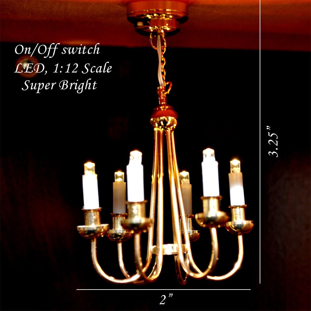 Colonial Brass chandelier 6 arms LED LAMP Dollhouse miniature light with battery and on/off  switch 1:12 scale