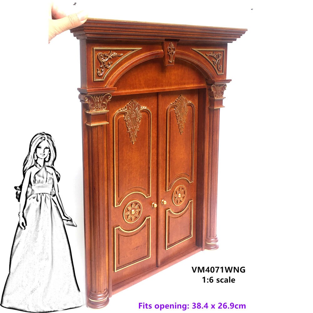 1:6 Scale walnut Fancy craved Victorian Double door for  Fashion dolls size dollhouse miniature Handcrafted Limited Edition