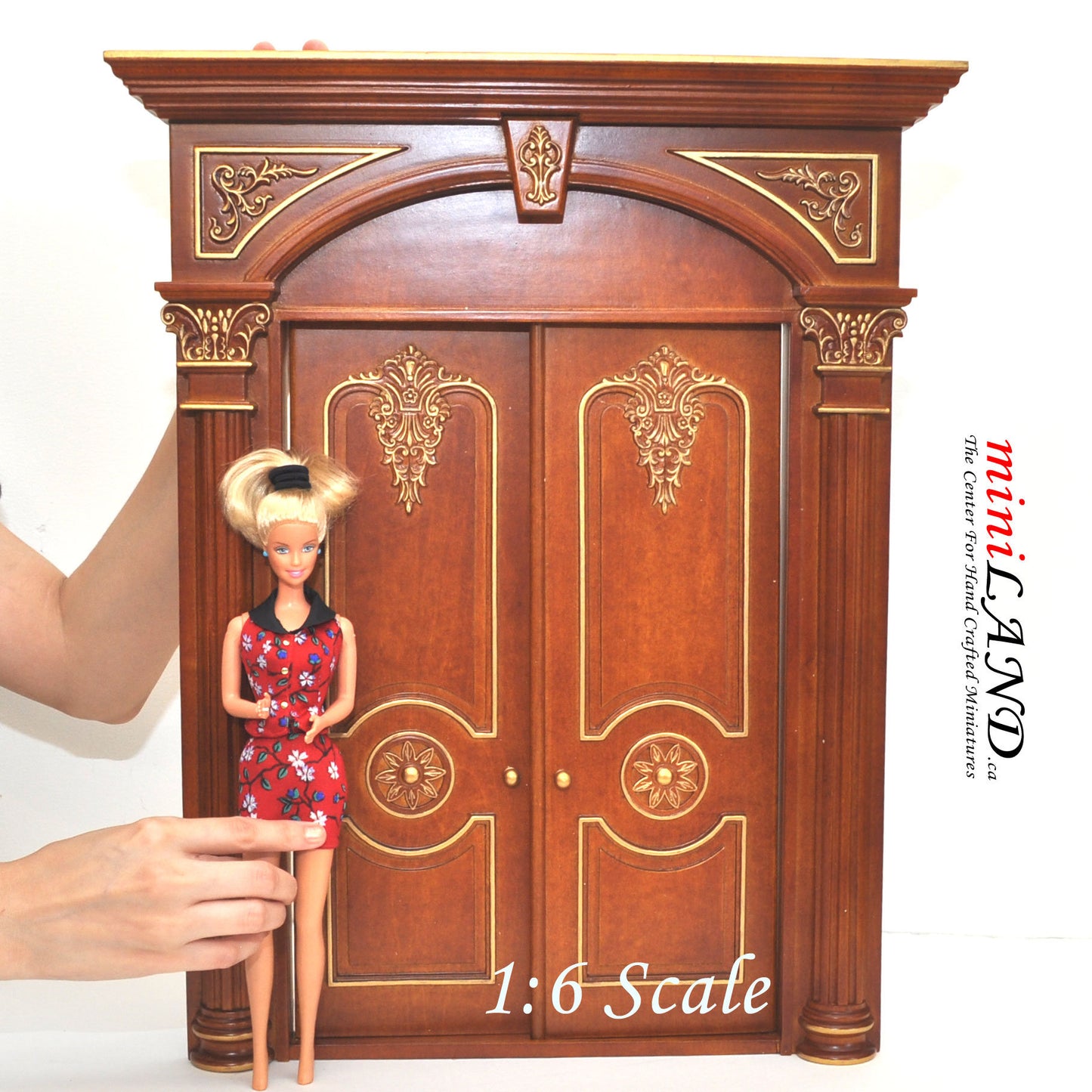 1:6 Scale walnut Fancy craved Victorian Double door for  Fashion dolls size dollhouse miniature Handcrafted Limited Edition