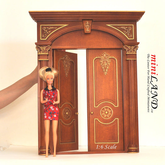 1:6 Scale walnut Fancy craved Victorian Double door for  Fashion dolls size dollhouse miniature Handcrafted Limited Edition
