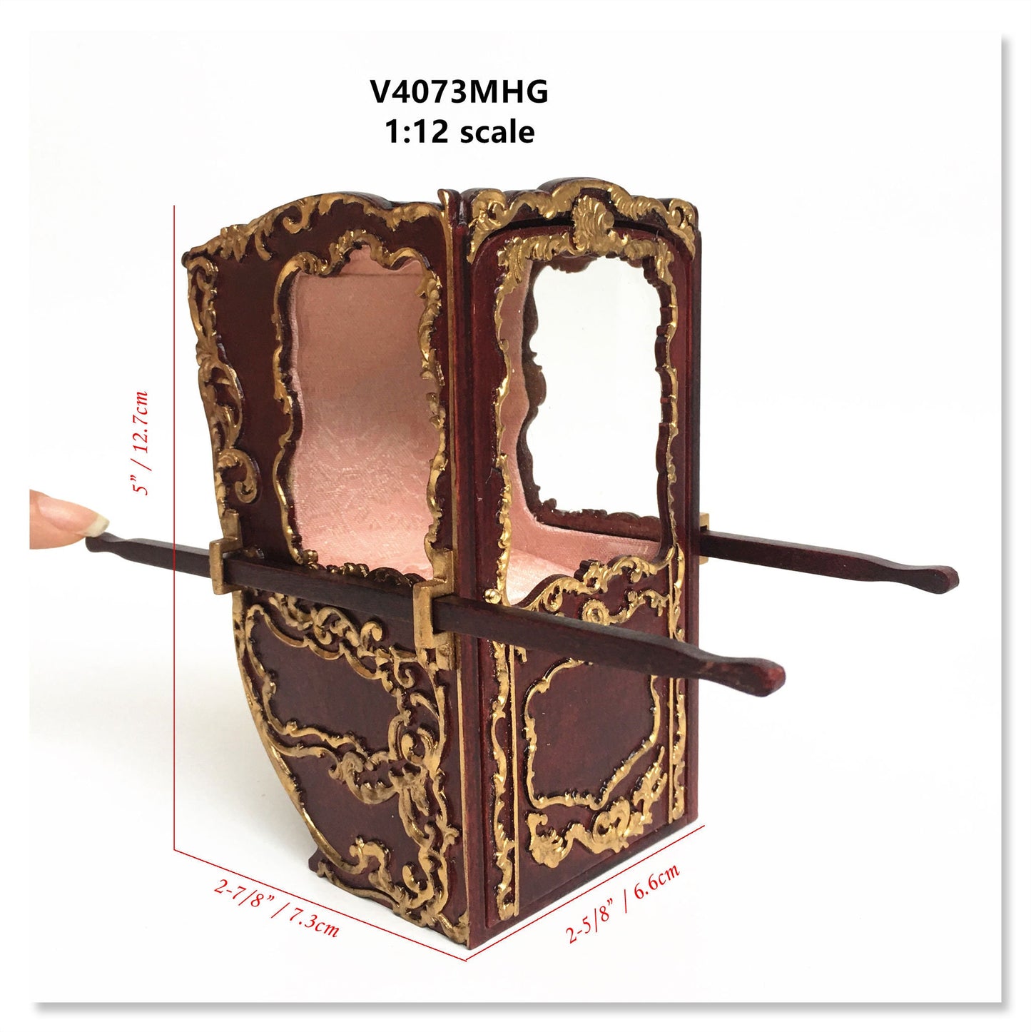Mini Handcrafted Italian Sedan Chair (Litter) 19th Century style for 1:12 dollhouse miniatures Mahogany color