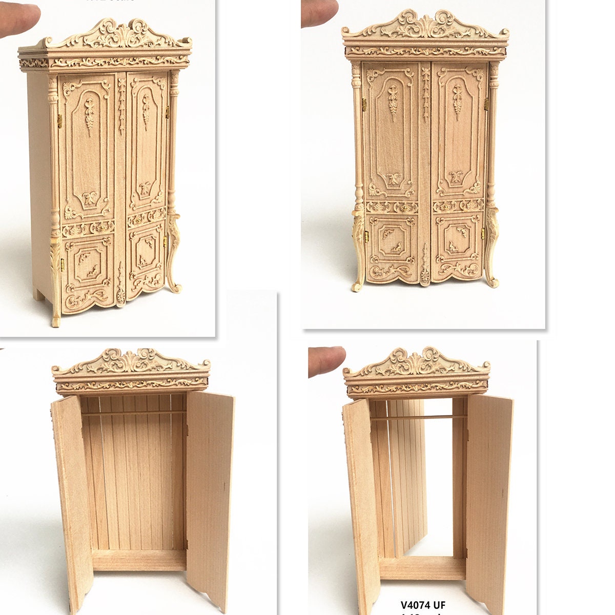 A hidden escape door Wardrobe ARMOIRE Victorian carved cupboard with a hidden escape door  handcrafted for 1:12 dollhouse miniatures. V4074