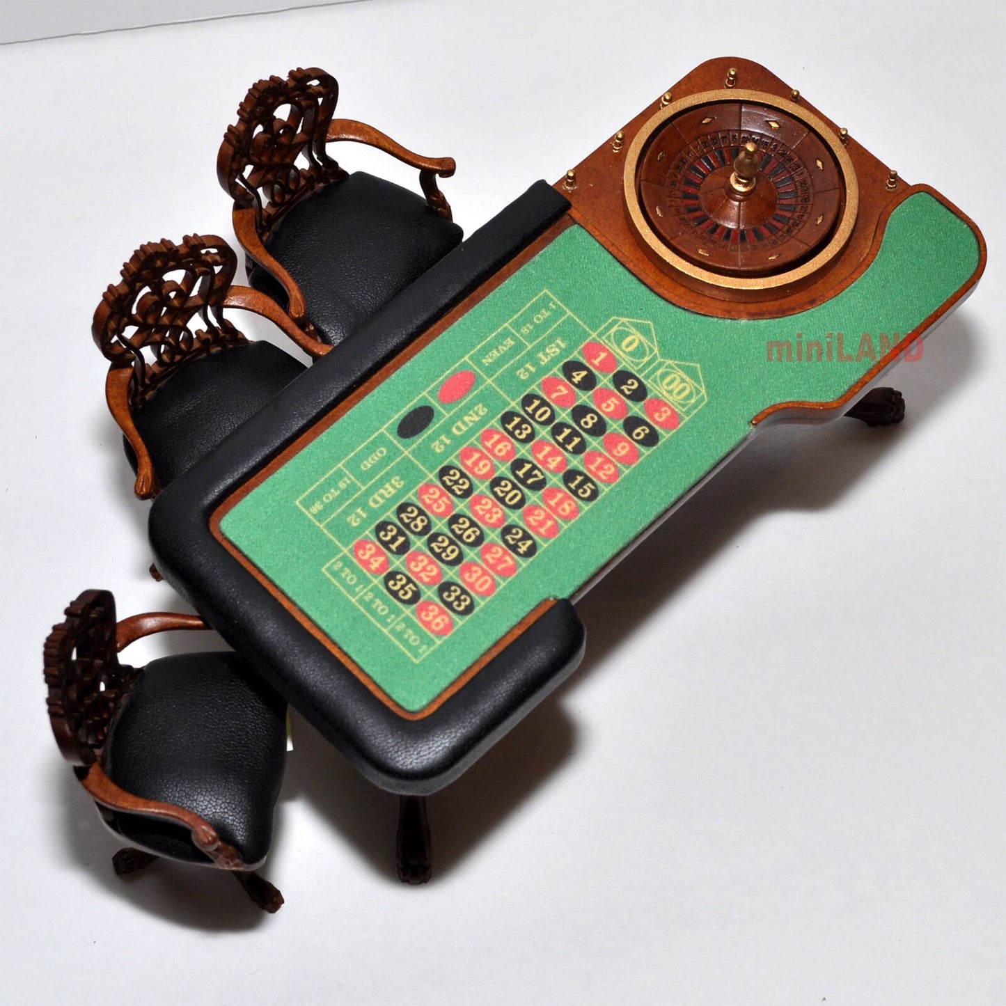 Miniature  Roulette Casino Wheel play game for Dollhouse 1:12 scale bet gamble with 3 high stool chairs