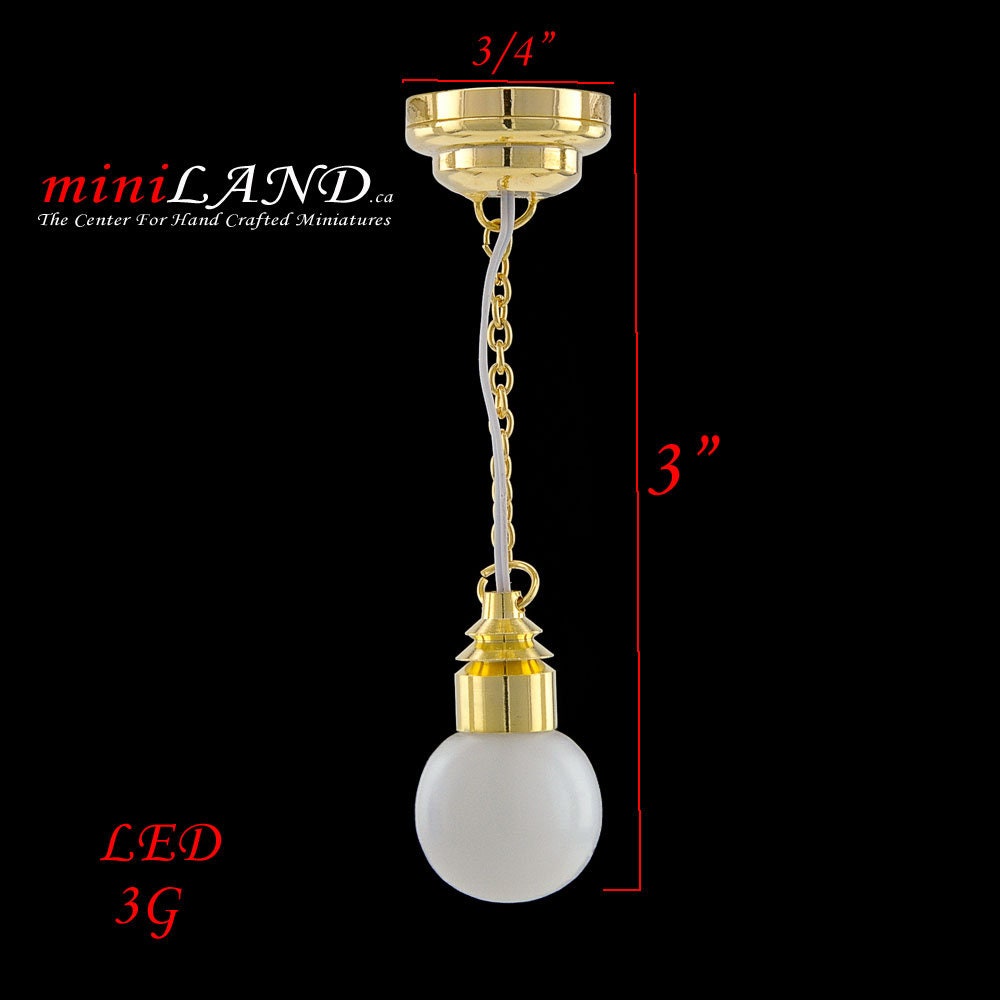 Hanging brass white globe lamp LED Super bright with On/off switch for dollhouse miniature 1:12