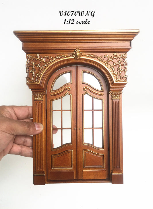 Fancy Victorian Handcrafted wooden Elegant French door Handmade Excellent quality for 1:12 dollhouse miniature walnut with gold impression