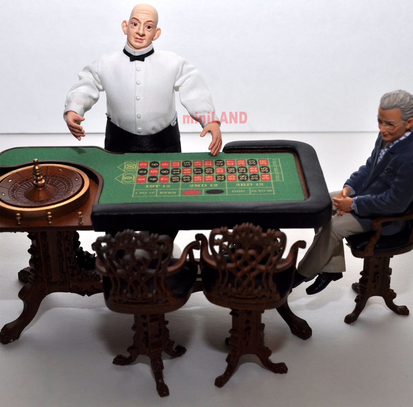 Miniature  Roulette Casino Wheel play game for Dollhouse 1:12 scale bet gamble with 3 high stool chairs