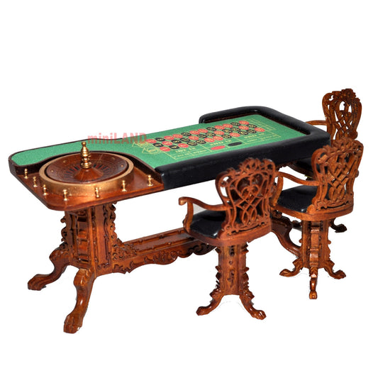 Miniature  Roulette Casino Wheel play game for Dollhouse 1:12 scale bet gamble with 3 high stool chairs