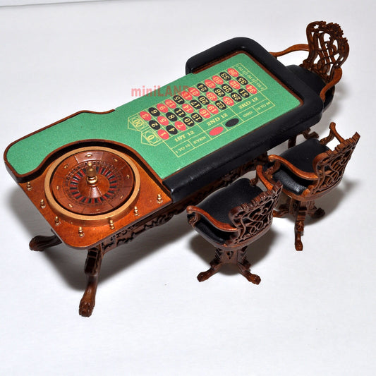 Miniature  Roulette Casino Wheel play game for Dollhouse 1:12 scale bet gamble with 3 high stool chairs