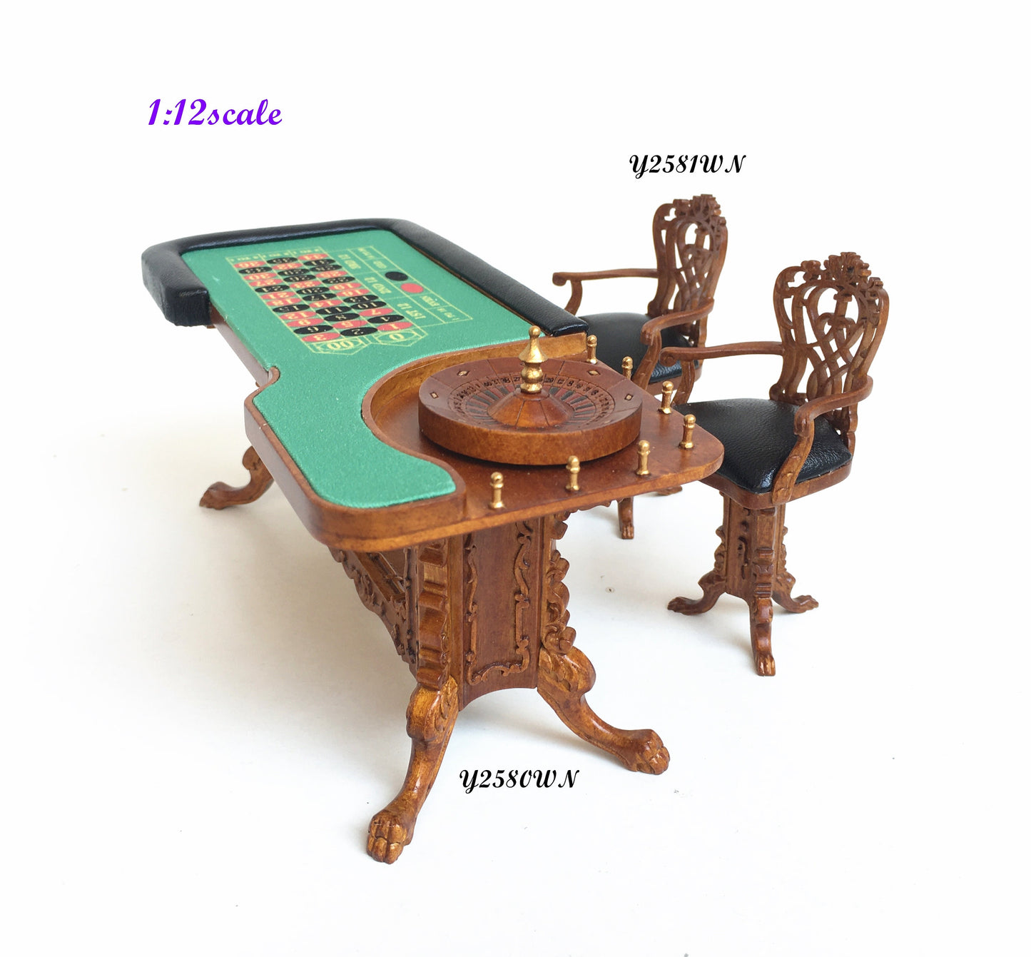 Miniature  Roulette Casino Wheel play game for Dollhouse 1:12 scale bet gamble with 3 high stool chairs