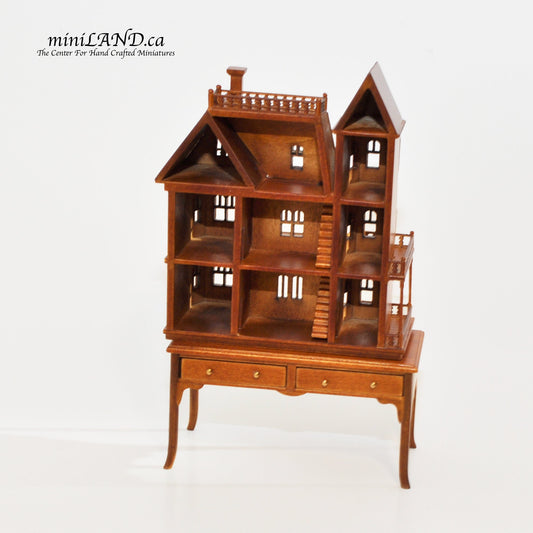 Mini Queen Anne style  Dollhouse for 1/12 dollhouse with table WALNUT 1:144 miniature house for 1/12 rooms back opening V4063 WN