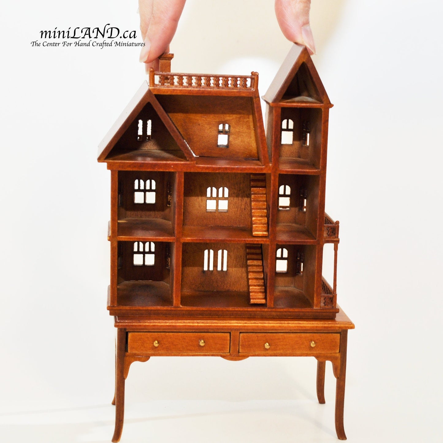 Mini Queen Anne style  Dollhouse for 1/12 dollhouse with table WALNUT 1:144 miniature house for 1/12 rooms back opening V4063 WN