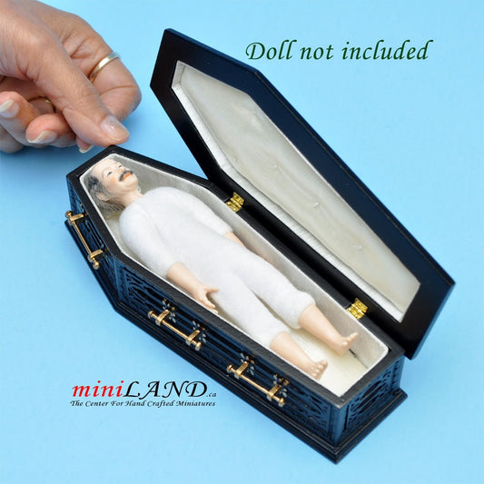 Black Coffin wood top Dollhouse miniature 1:12 scale fits Heidi Ott dolls funeral