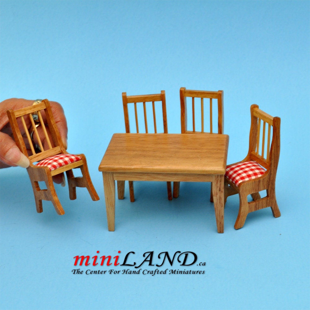 5 pcs country style Kitchen table with chairs oak dollhouse miniature 1:12 for minis plaid cushion set TableOak