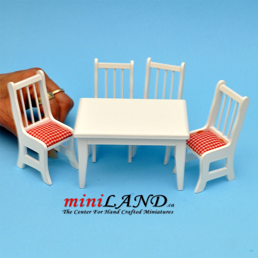 5 pcs country style Kitchen table with chairs white dollhouse miniature 1:12 for minis plaid cushion set TableWH