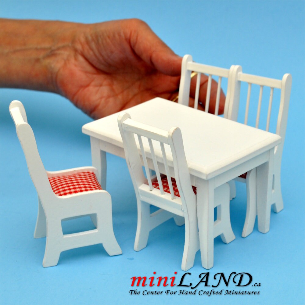 5 pcs country style Kitchen table with chairs white dollhouse miniature 1:12 for minis plaid cushion set TableWH
