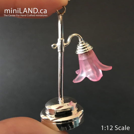 Silver Table Lamp tulip pink LED Super bright with On/off switch for 1:12 dollhouse miniature