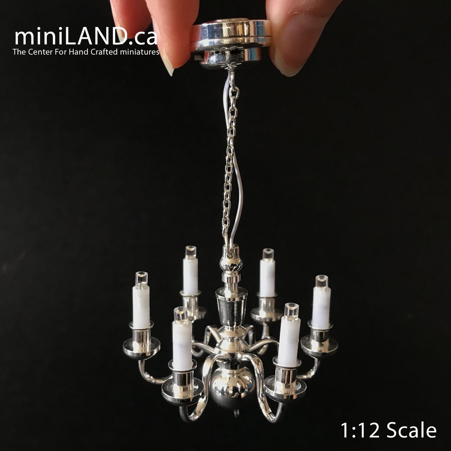 Silver Chandelier 6 arms LED LAMP Dollhouse miniature light battery on/off candles 1:12 super bright