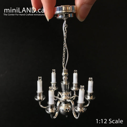 Silver Chandelier 6 arms LED LAMP Dollhouse miniature light battery on/off candles 1:12 super bright
