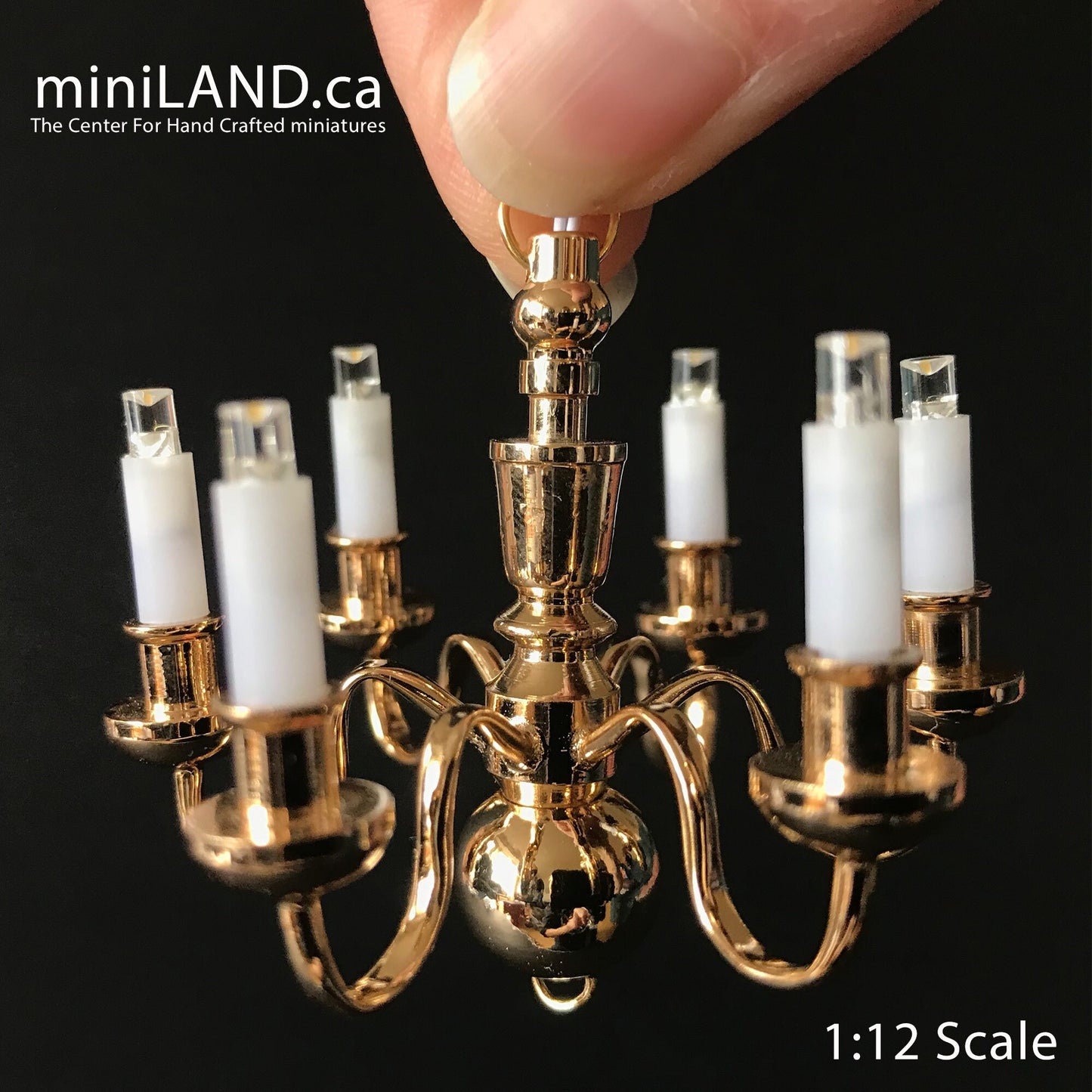 Brass Chandelier 6 arms Dollhouse miniature light  lamp Led battery on/off candles 1:12 super bright