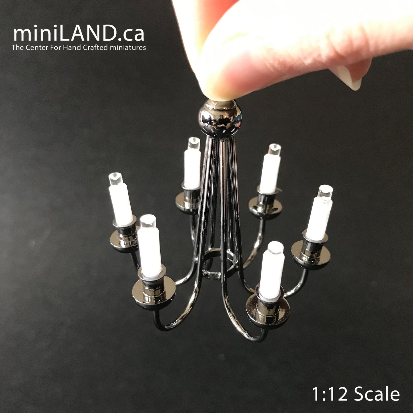 Colonial Black chandelier 6 arms LED LAMP Dollhouse miniature light with battery and on/off  switch 1:12 scale