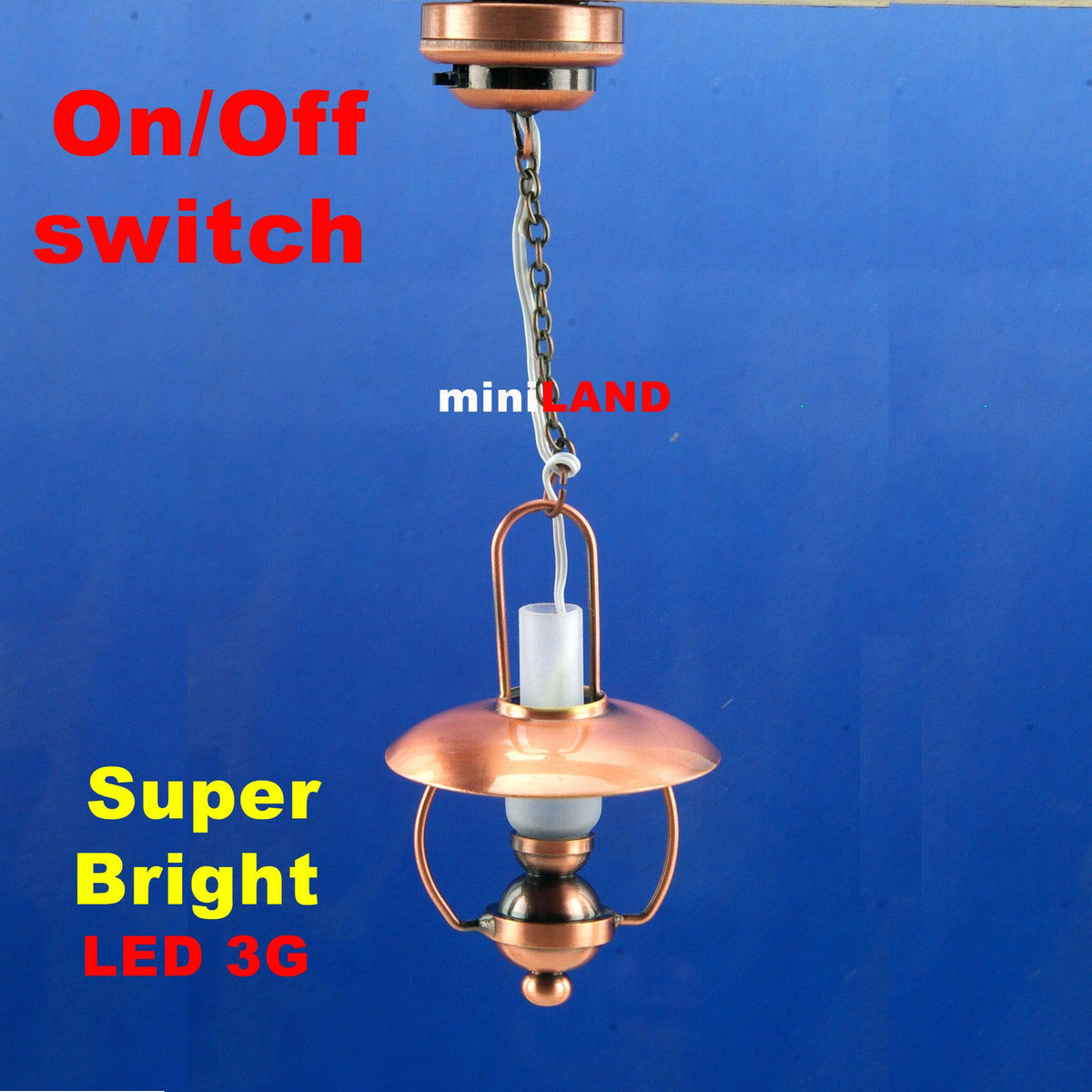 Lampe à huile miniature à LED suspendue en cuivre avec interrupteur marche/arrêt pour maison de poupée miniature à l'échelle 1:12