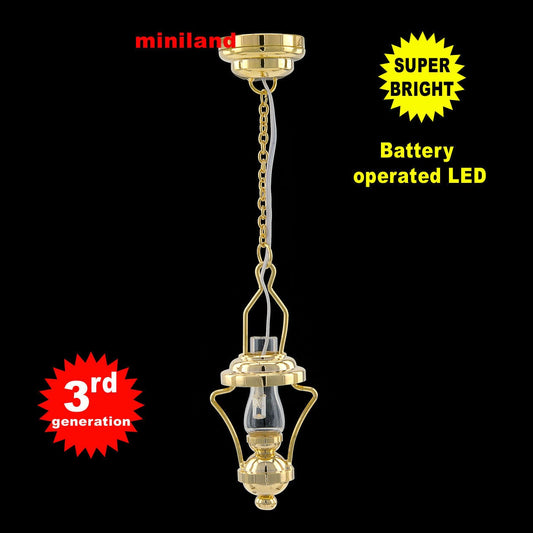 Hanging brass oil lamp LED Super bright with On/off switch for dollhouse miniature 1:12