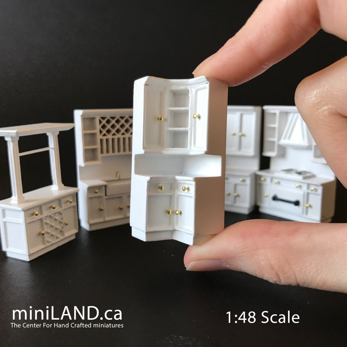 1:48 1/4" quarter scale kitchen set 6pcs wood refrigerator stove sink fridge counter White Q3800SET-W cook