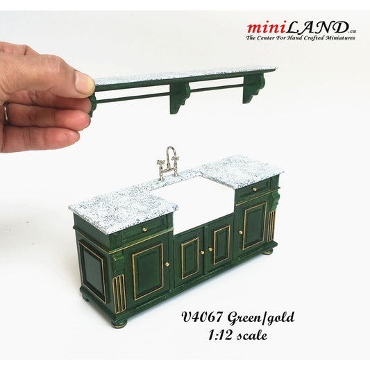 Vintage Green with gold trimming Victorian quality Kitchen sink unit counter with shelf metal sink top 1:12 dollhouse miniature