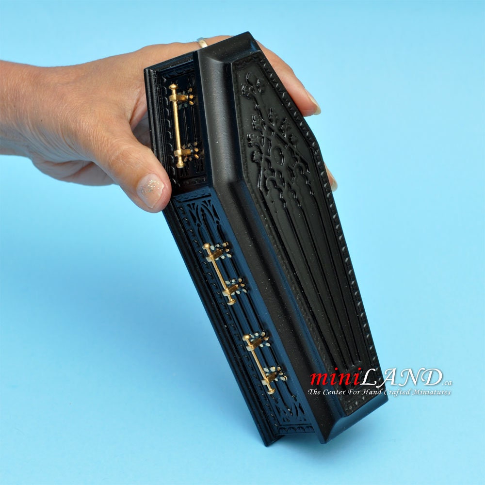 Black Coffin wood top Dollhouse miniature 1:12 scale fits Heidi Ott dolls funeral