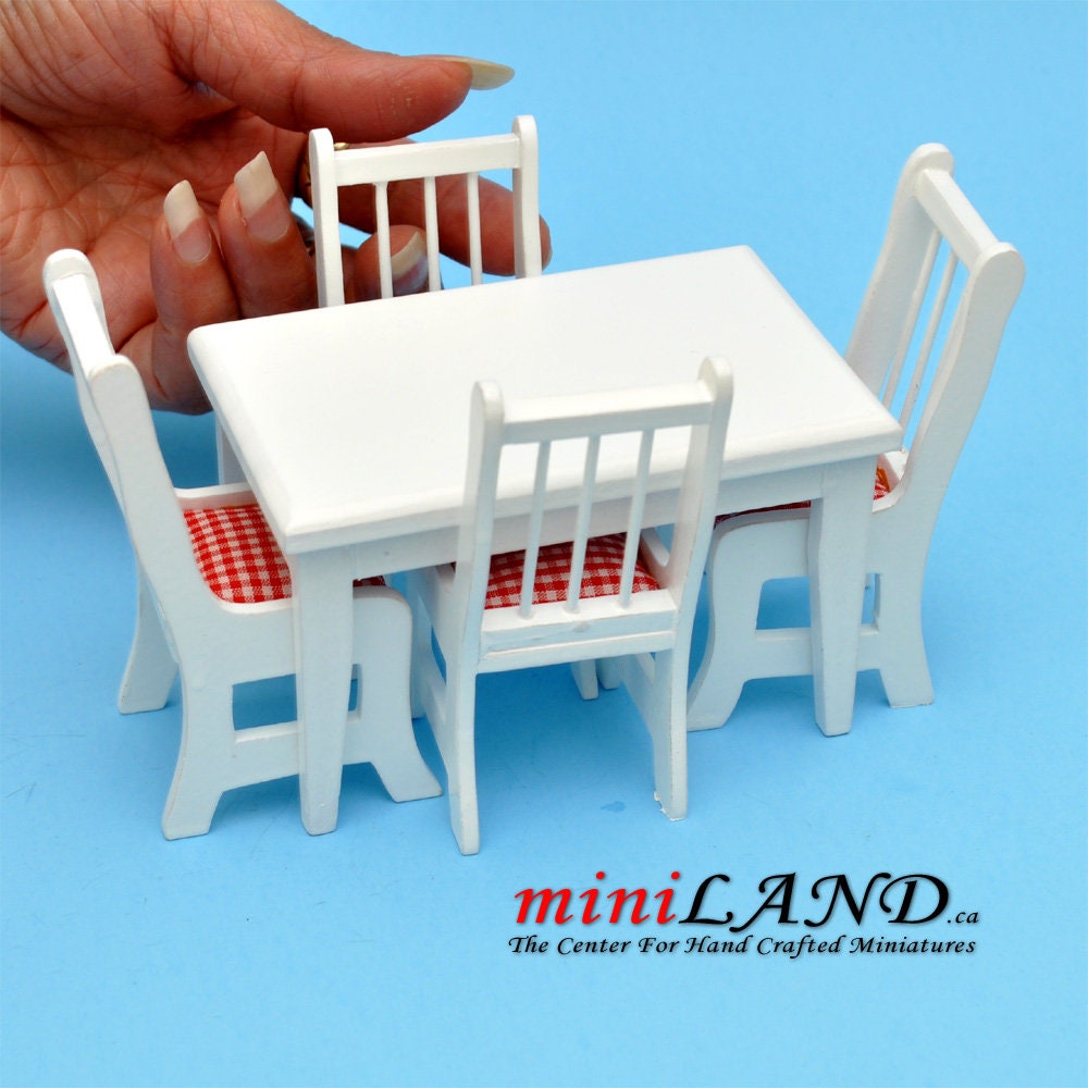 5 pcs country style Kitchen table with chairs white dollhouse miniature 1:12 for minis plaid cushion set TableWH
