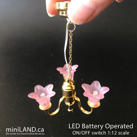 3 Arm brass pink tulip chandelier LED Super bright  with on/off switch for 1:12 scale dollhouse miniatures
