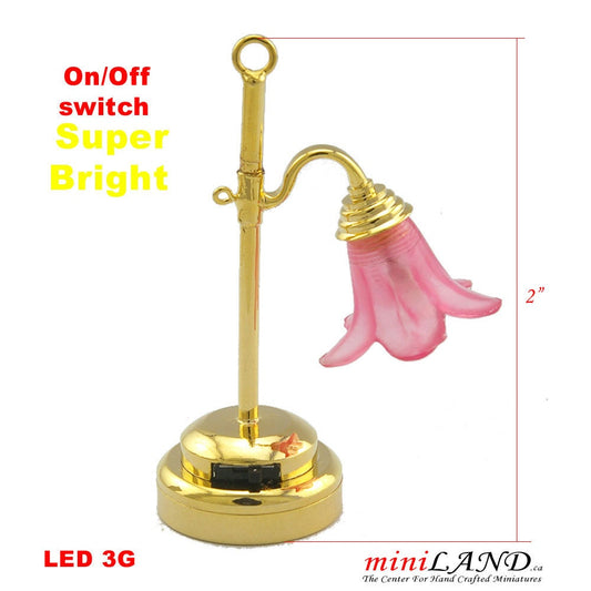 Brass Table Lamp tulip pink LED Super bright with On/off switch for 1:12 dollhouse miniature