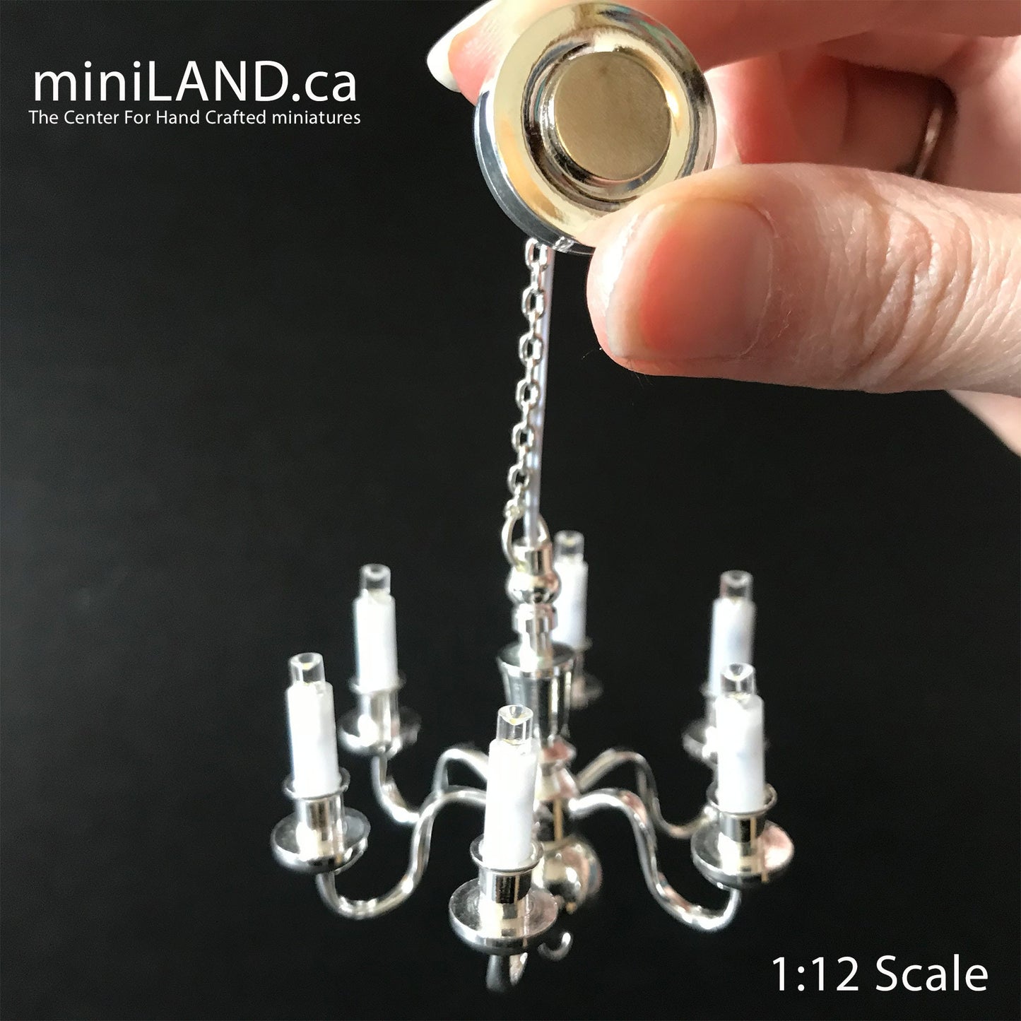 Silver Chandelier 6 arms LED LAMP Dollhouse miniature light battery on/off candles 1:12 super bright