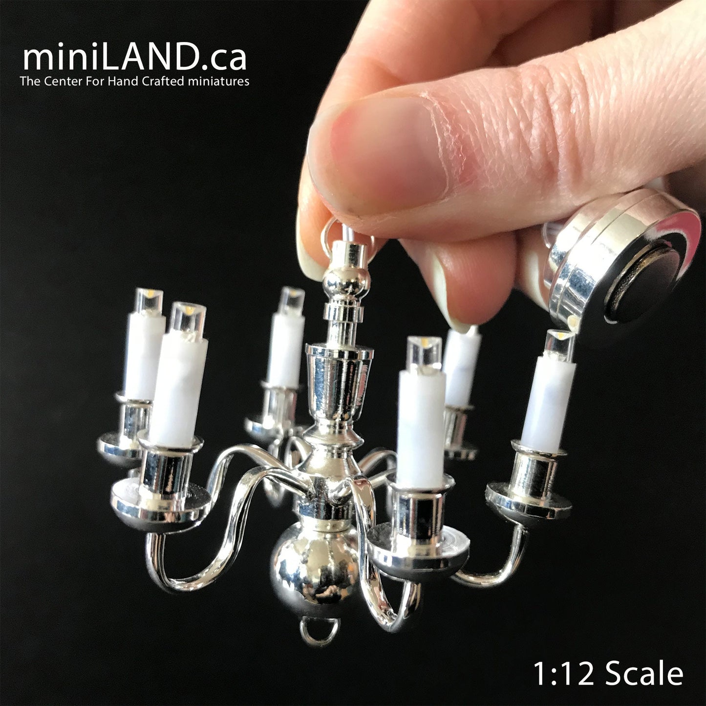 Silver Chandelier 6 arms LED LAMP Dollhouse miniature light battery on/off candles 1:12 super bright