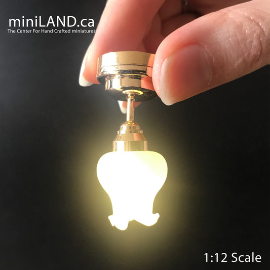 Brass Sm Frost Tulip Ceiling Lamp LED Super bright with On/off switch for dollhouse miniature 1:12 scale
