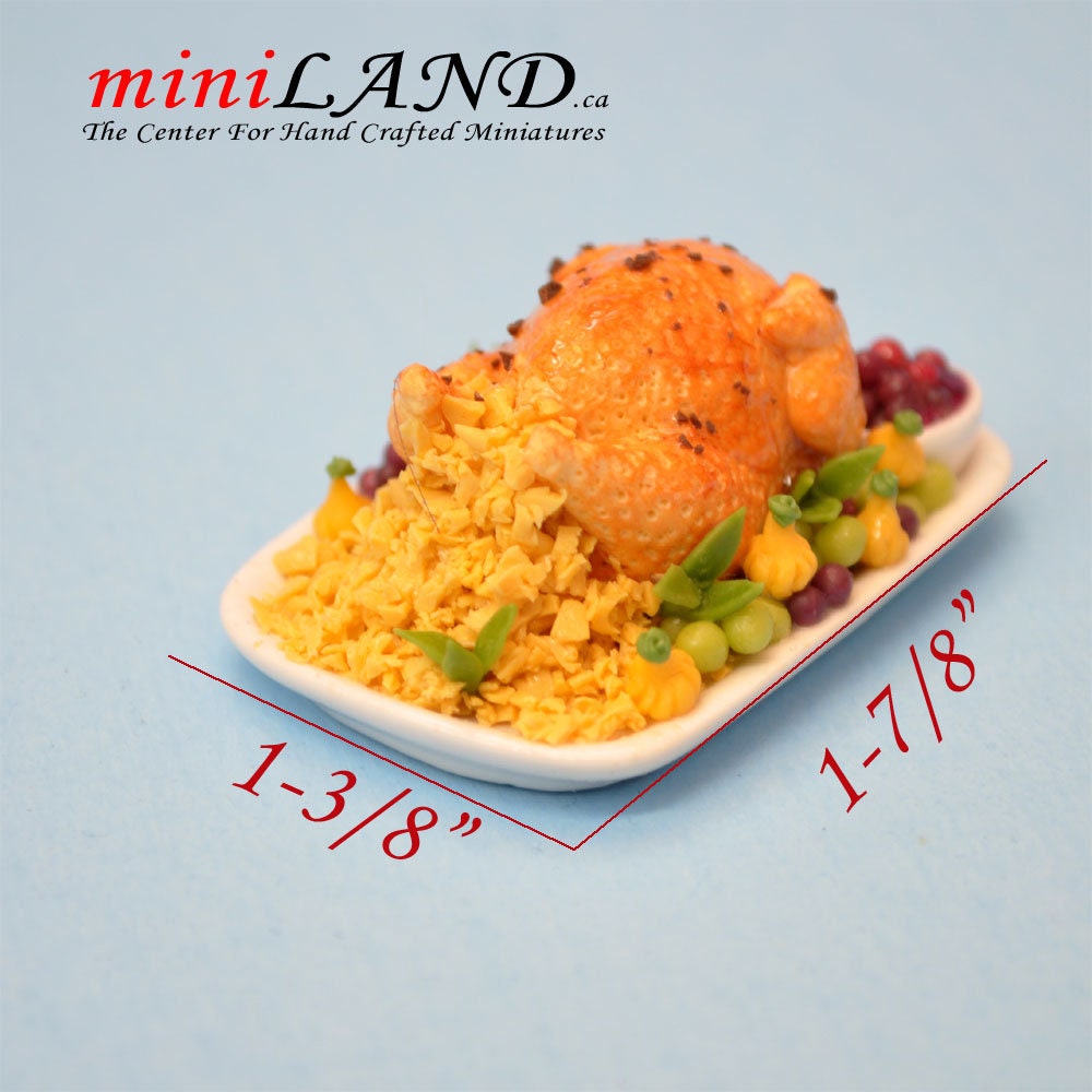 Assiette de dinde, dîner festif de style familial, Thanksgiving, Noël, Pâques, assiette miniature pour maison de poupée, échelle 1:12, faite à la main EST4