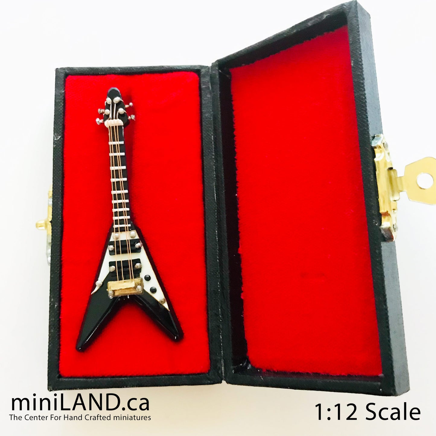 Miniature Electrical Flying V Guitar 8 cm/3.125" long inch guitars for dolls  with stand and case - CHOICE of 3 models music 1:12 scale