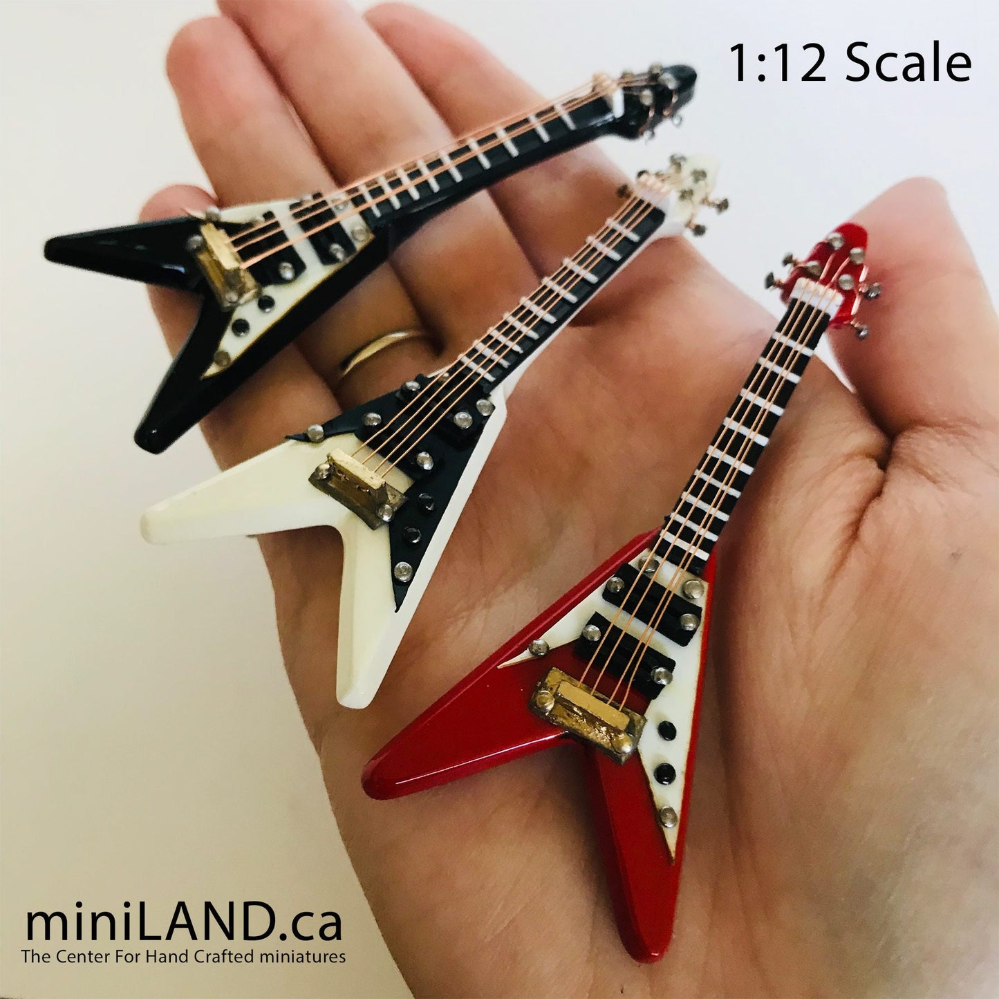 Miniature Electrical Flying V Guitar 8 cm/3.125" long inch guitars for dolls  with stand and case - CHOICE of 3 models music 1:12 scale