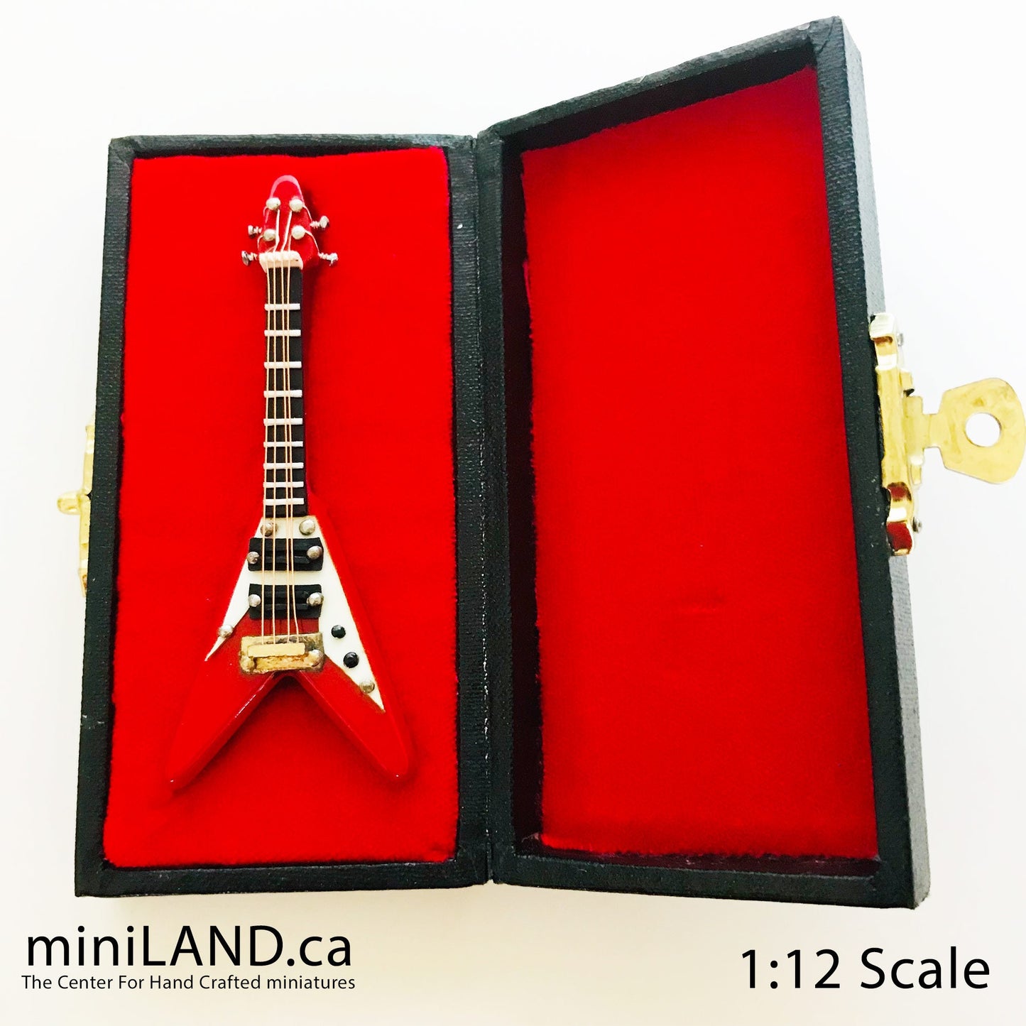 Miniature Electrical Flying V Guitar 8 cm/3.125" long inch guitars for dolls  with stand and case - CHOICE of 3 models music 1:12 scale