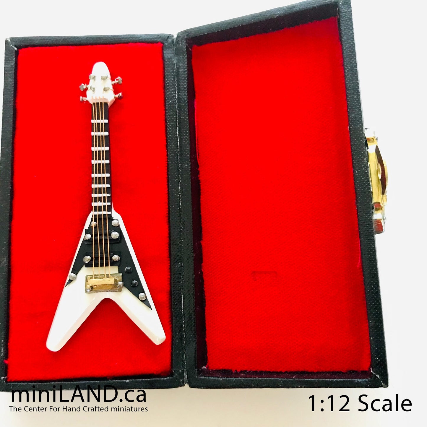 Miniature Electrical Flying V Guitar 8 cm/3.125" long inch guitars for dolls  with stand and case - CHOICE of 3 models music 1:12 scale