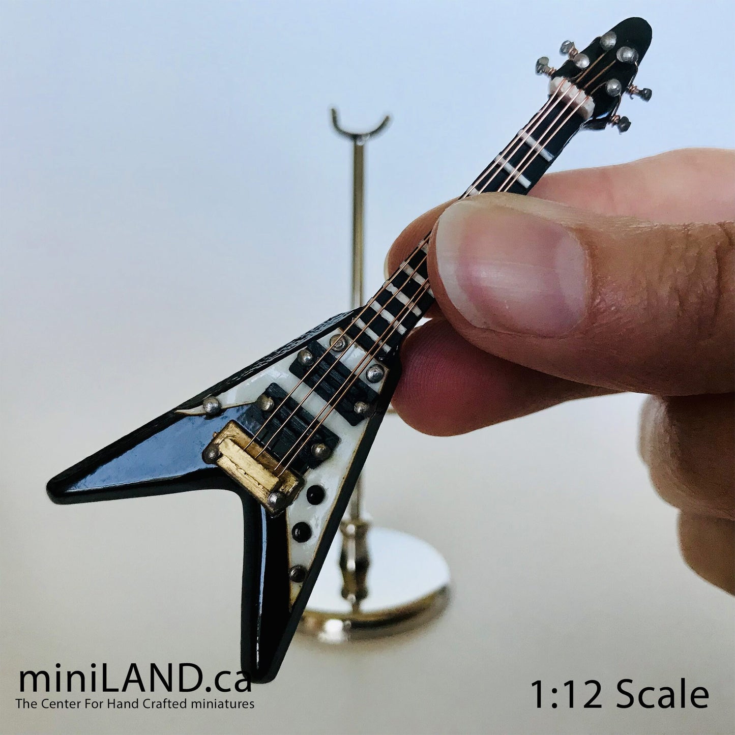 Miniature Electrical Flying V Guitar 8 cm/3.125" long inch guitars for dolls  with stand and case - CHOICE of 3 models music 1:12 scale