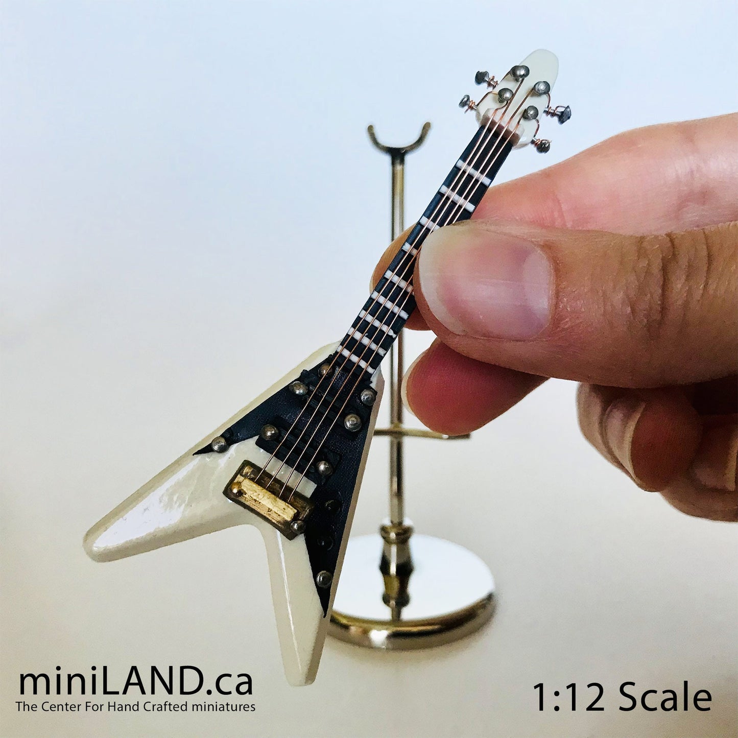 Miniature Electrical Flying V Guitar 8 cm/3.125" long inch guitars for dolls  with stand and case - CHOICE of 3 models music 1:12 scale