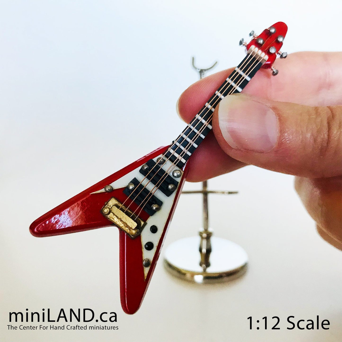 Miniature Electrical Flying V Guitar 8 cm/3.125" long inch guitars for dolls  with stand and case - CHOICE of 3 models music 1:12 scale