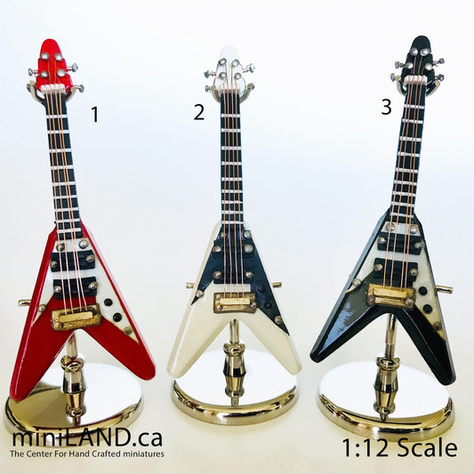 Miniature Electrical Flying V Guitar 8 cm/3.125" long inch guitars for dolls  with stand and case - CHOICE of 3 models music 1:12 scale