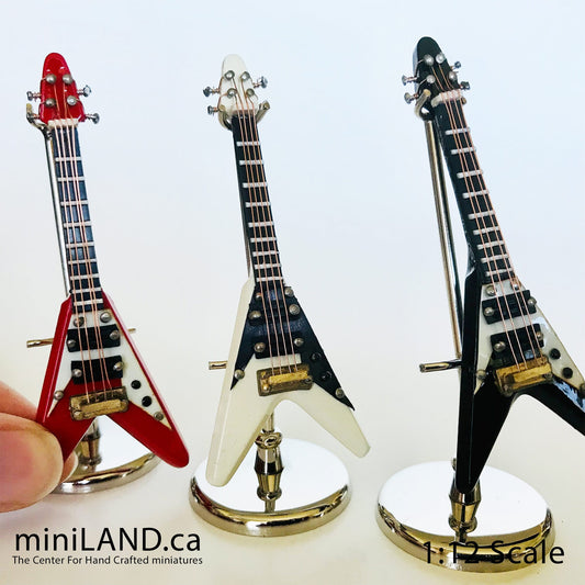 Miniature Electrical Flying V Guitar 8 cm/3.125" long inch guitars for dolls  with stand and case - CHOICE of 3 models music 1:12 scale