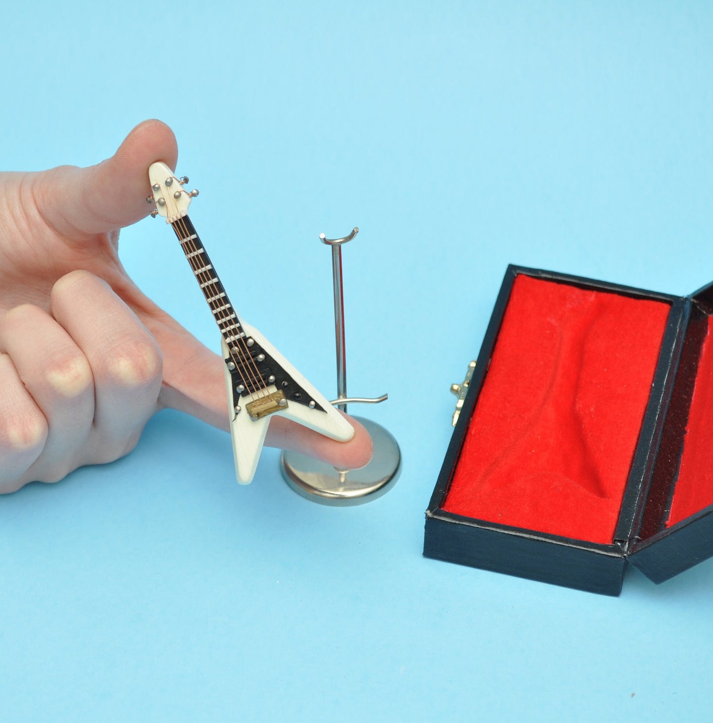 Miniature Electrical Flying V Guitar 8 cm/3.125" long inch guitars for dolls  with stand and case - CHOICE of 3 models music 1:12 scale
