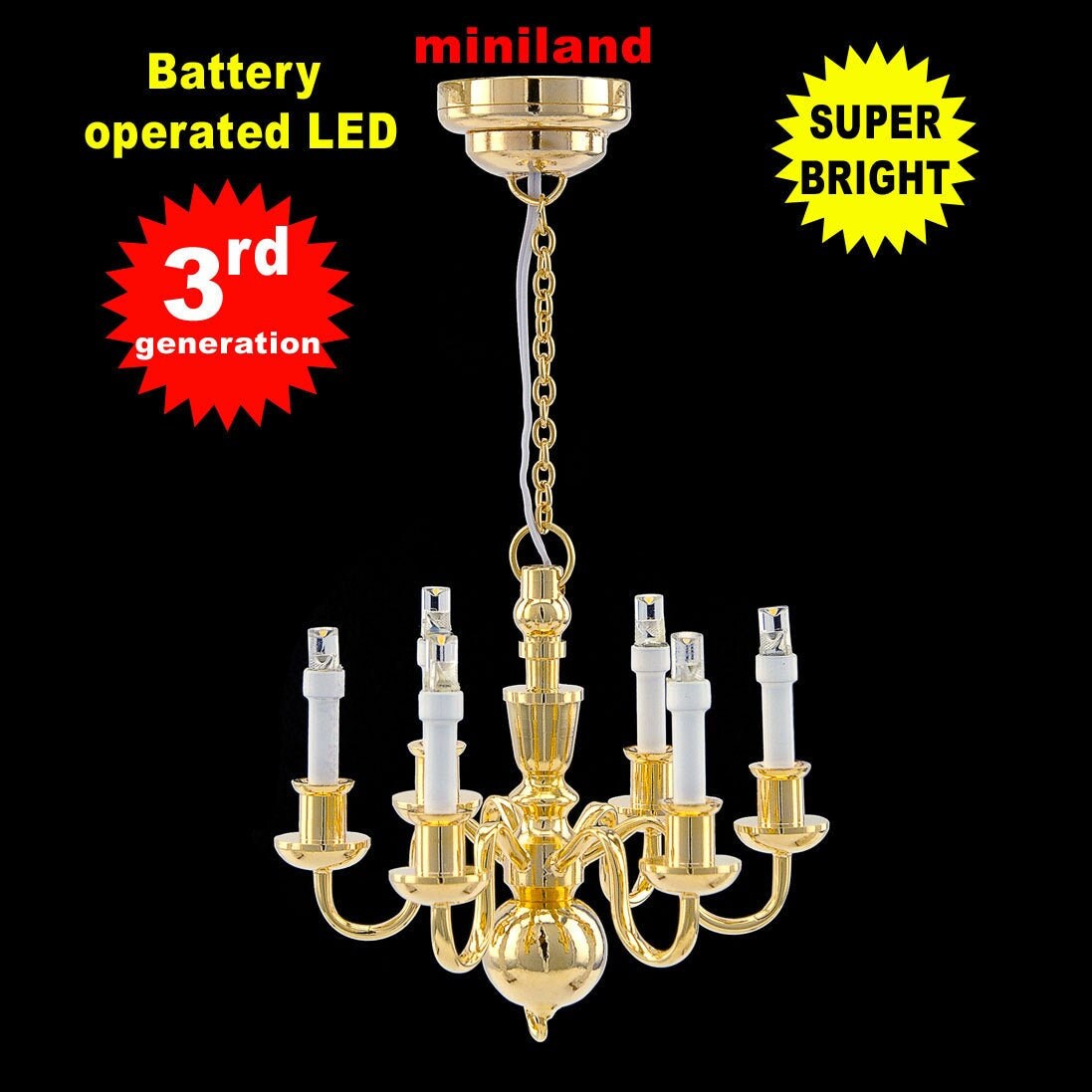 Brass Chandelier 6 arms Dollhouse miniature light  lamp Led battery on/off candles 1:12 super bright