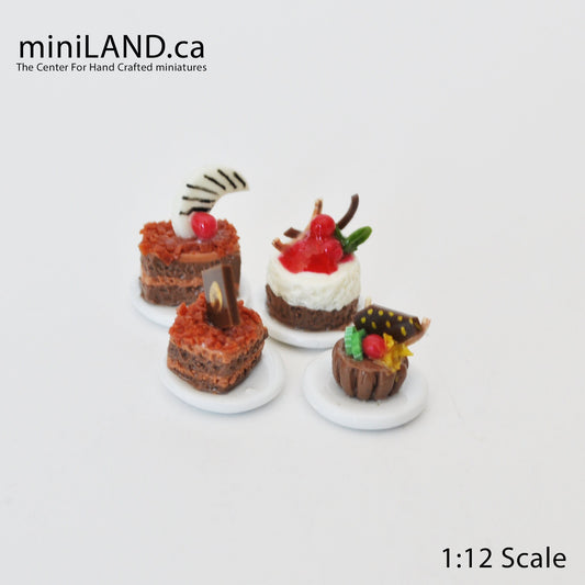 4 Pcs. assorted Dessert Platter 1:12 Scale dollhouse miniature - Chocolate cakes combo
