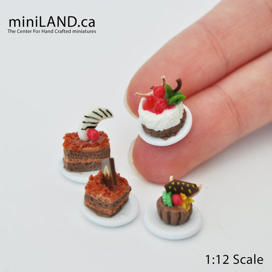 4 Pcs. assorted Dessert Platter 1:12 Scale dollhouse miniature - Chocolate cakes combo