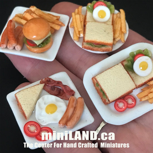 Handmade Full English Breakfast Plate Bacon Sausage bread  sandwich fries sausage Hamburger 1:12 scale dollhouse miniature food dish